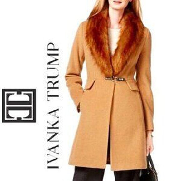 Ivanka Trump Jackets & Blazers - 💋CHIC & GLAM💋Buckle-Front Wool Coat Faux Fox Collar In Camel